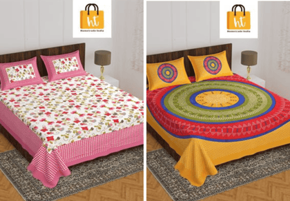 2201-Hometrade India- Standard Double Size (90*100 in )-Combo Jaipuri Double bedsheet With Matching Pillow Cover