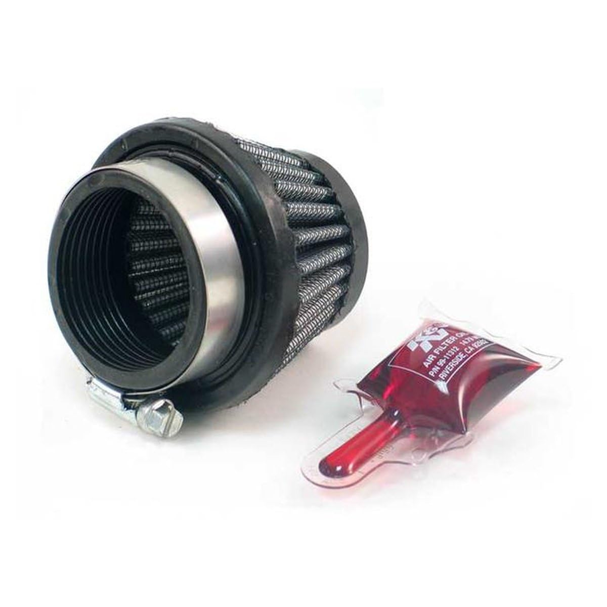 K&N RC-2550 Universal Clamp-On Air Filter: Round Tapered; 1.875 in (48 mm) Flange ID; 2 in (51 mm) Height; 3 in (76 mm) Base; 2 in (51 mm) Top