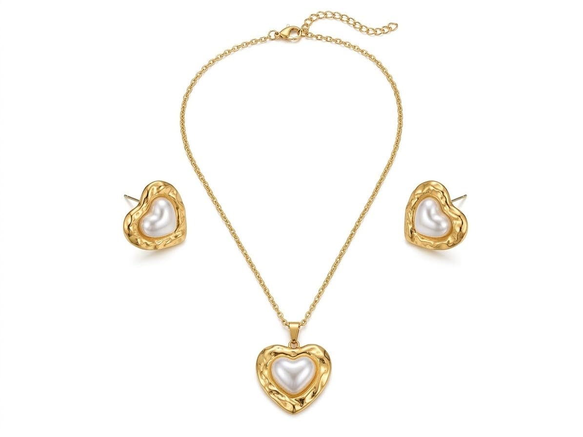 GemGleam Gold Plated Pearl Pendant Set with Earrings for Women | Elegant Designer Jewellery | Anti-Tarnish | Skin-Friendly | Stylish Lightweight Jewellery for Girls (Heart-Sim Pearl)
