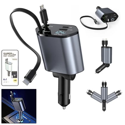 4-in-1 Car Charger with Dual Built-In Cables