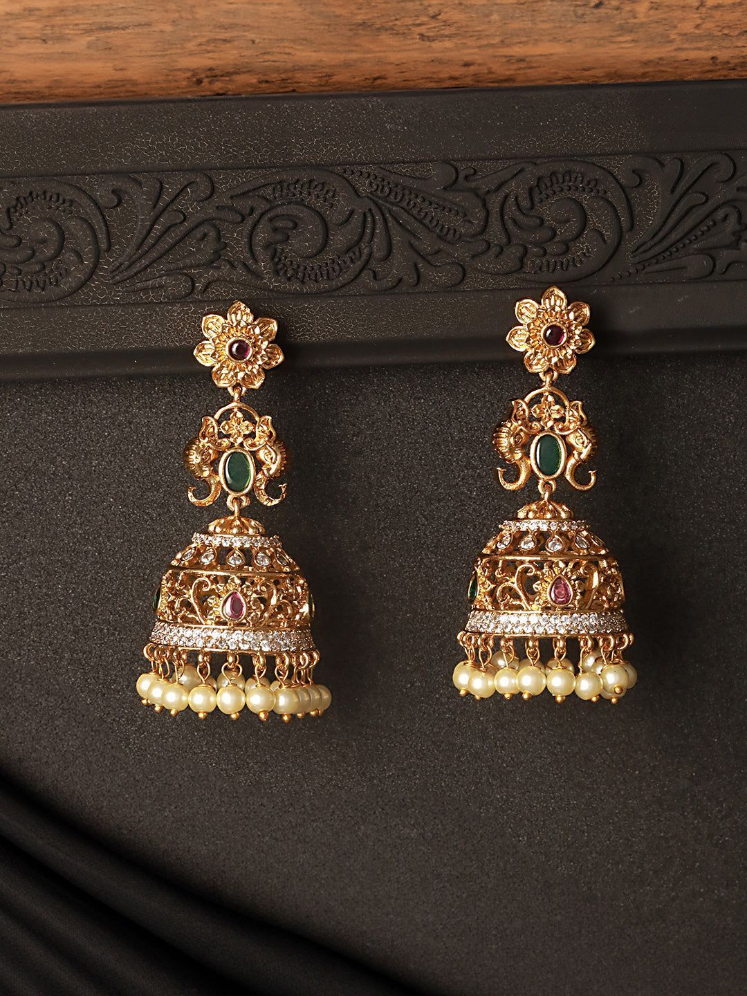 Antique Gold Polish Zircon Studded Pearl Beaded Floral Dangling Earring