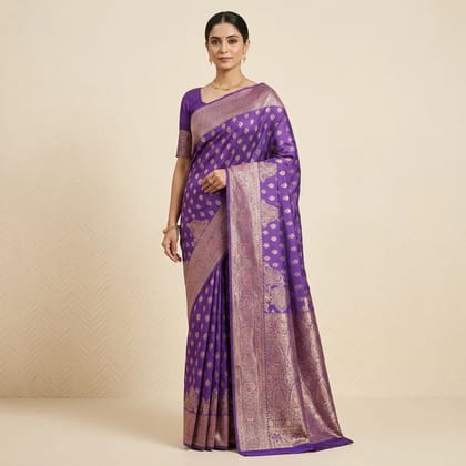Purple Banarasi Satin Gold Zari Woven Saree For Women