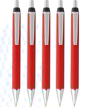 Metal Pen (pack of 5) Click Mechanism Red Retractable Ball Pen (Blue Ink)