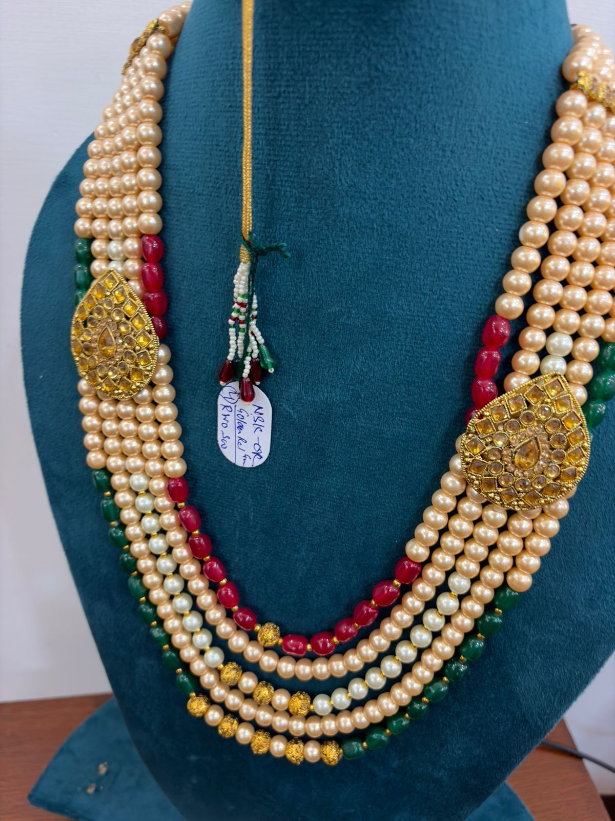 multi color moti swagat mala with double side brooch