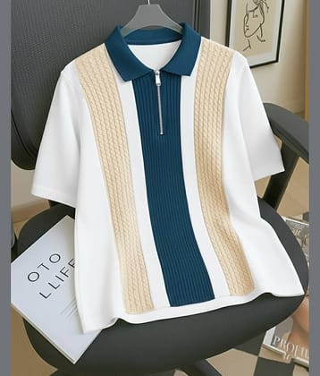 AUSK Men Cotton Blend Regular Fit Striped Polo T Shirt ( Off White )