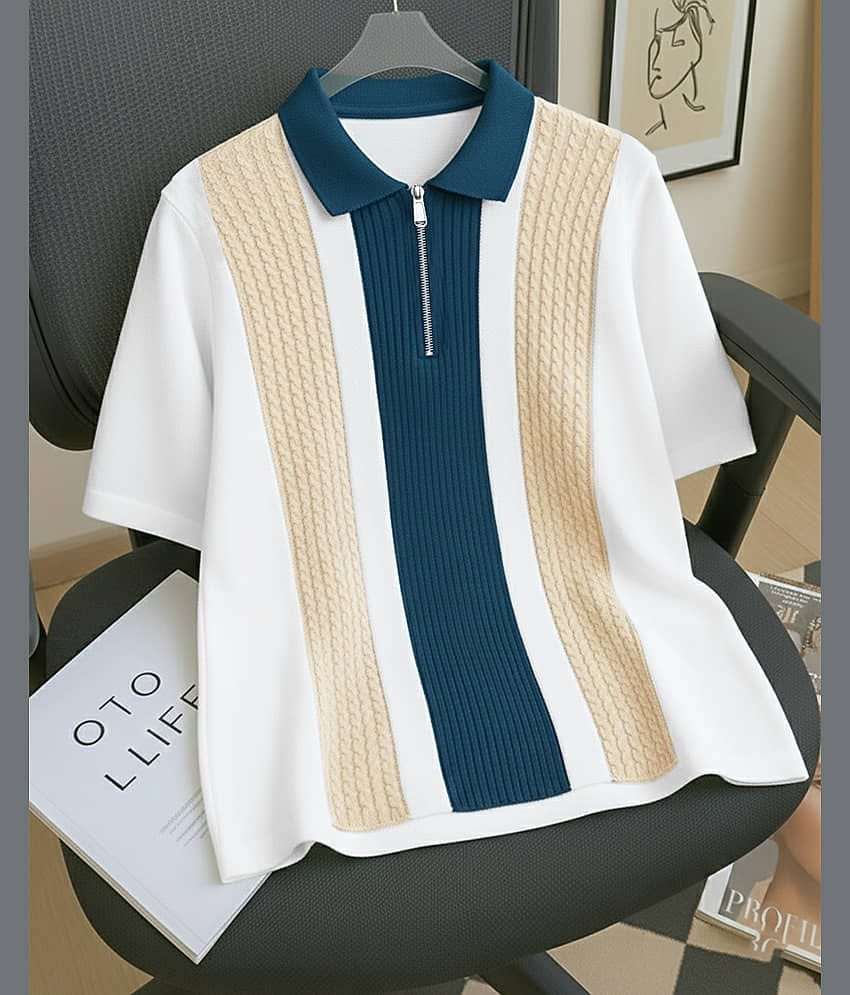 AUSK Men Cotton Blend Regular Fit Striped Polo T Shirt ( Off White )