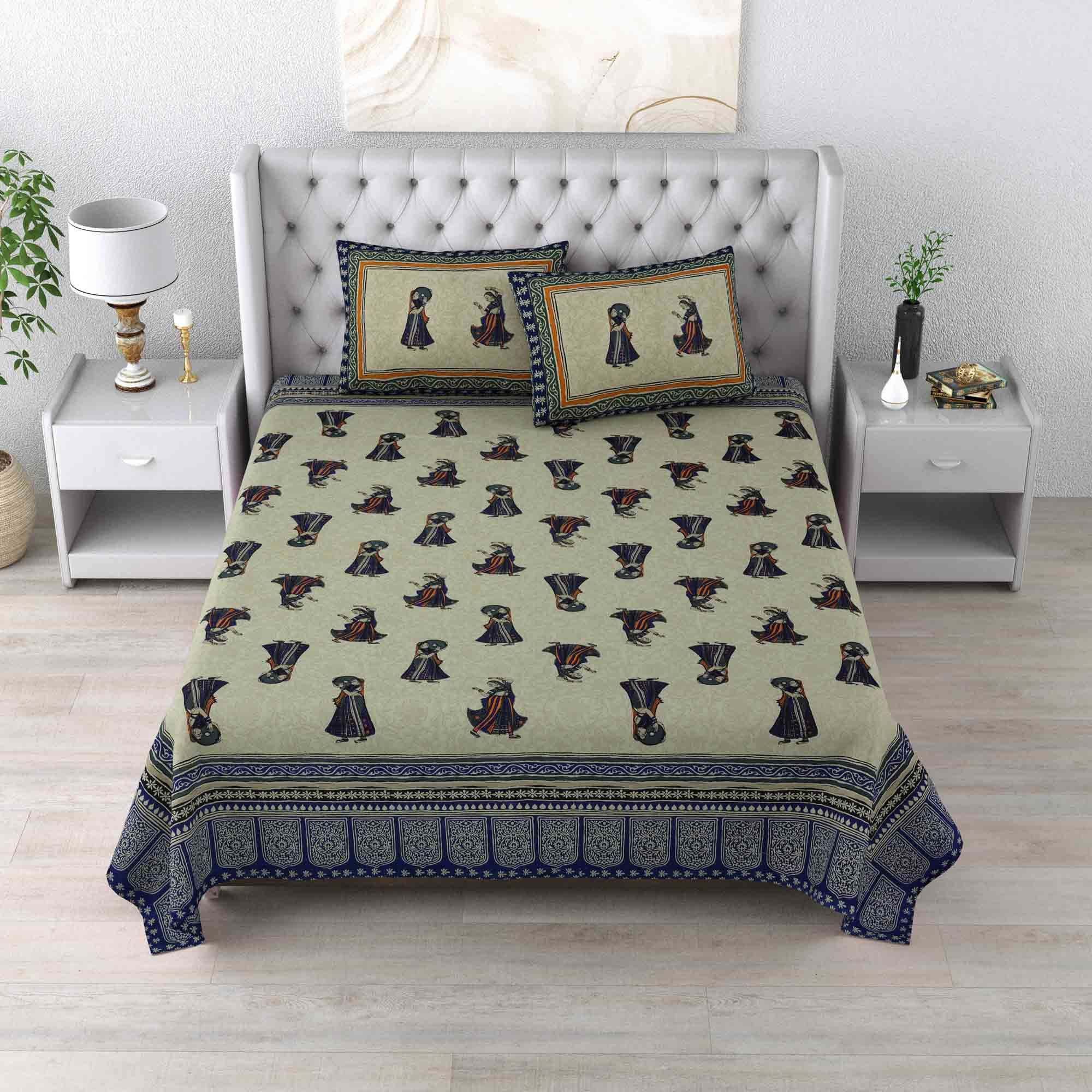 Premium Jaipuri Sanganeri Print Pure Cotton Double Bedsheet with 2 Pillow Covers