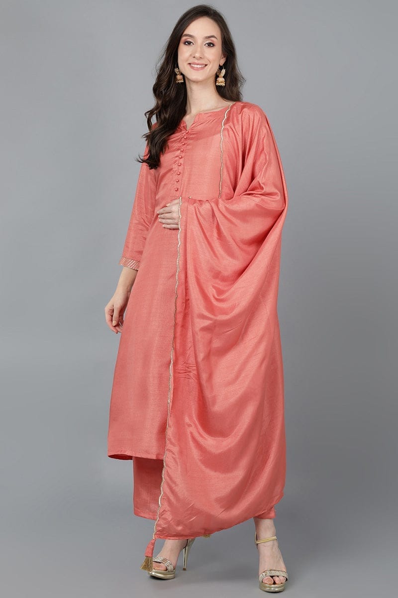 Orange Poly Silk Straight Kurta Pant With Dupatta PKSKD1562