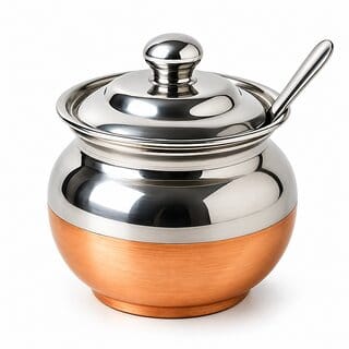 Premium Stainless Steel Ghee Pot with Copper Bottom 250ml Oil Container with Spoon and Lid Traditional Ghee Dani Mirror Finish