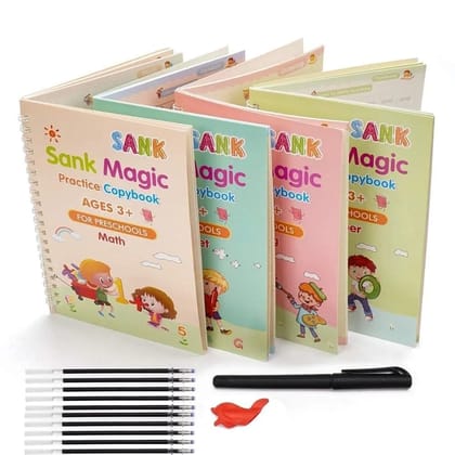 Magic Practice Copybook (4 BOOK + 1 pen + 10 REFILL) Number Tracing Book for Preschoolers with Pen, Magic Calligraphy Copybook Set