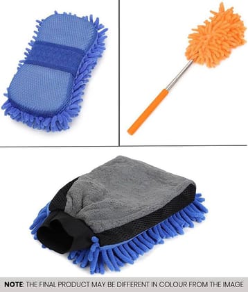 Mahek Accessories - Car Cleaning Combo Of Dual Sided Microfiber Gloves , Sponge And Mini Extendable Duster for car accessories( Pack Of 3 )