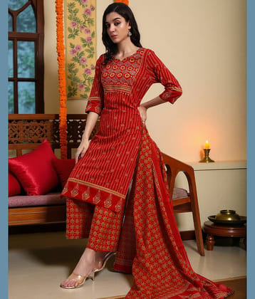 Pannkh Women Cotton Embroidered Straight Kurti With Pants ( Red )