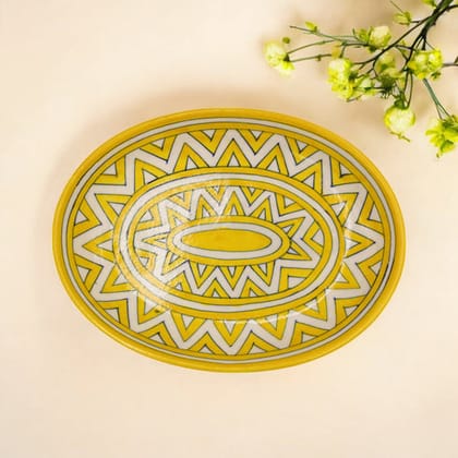 Blue Pottery Oval Plate  Decorative  - Yellow