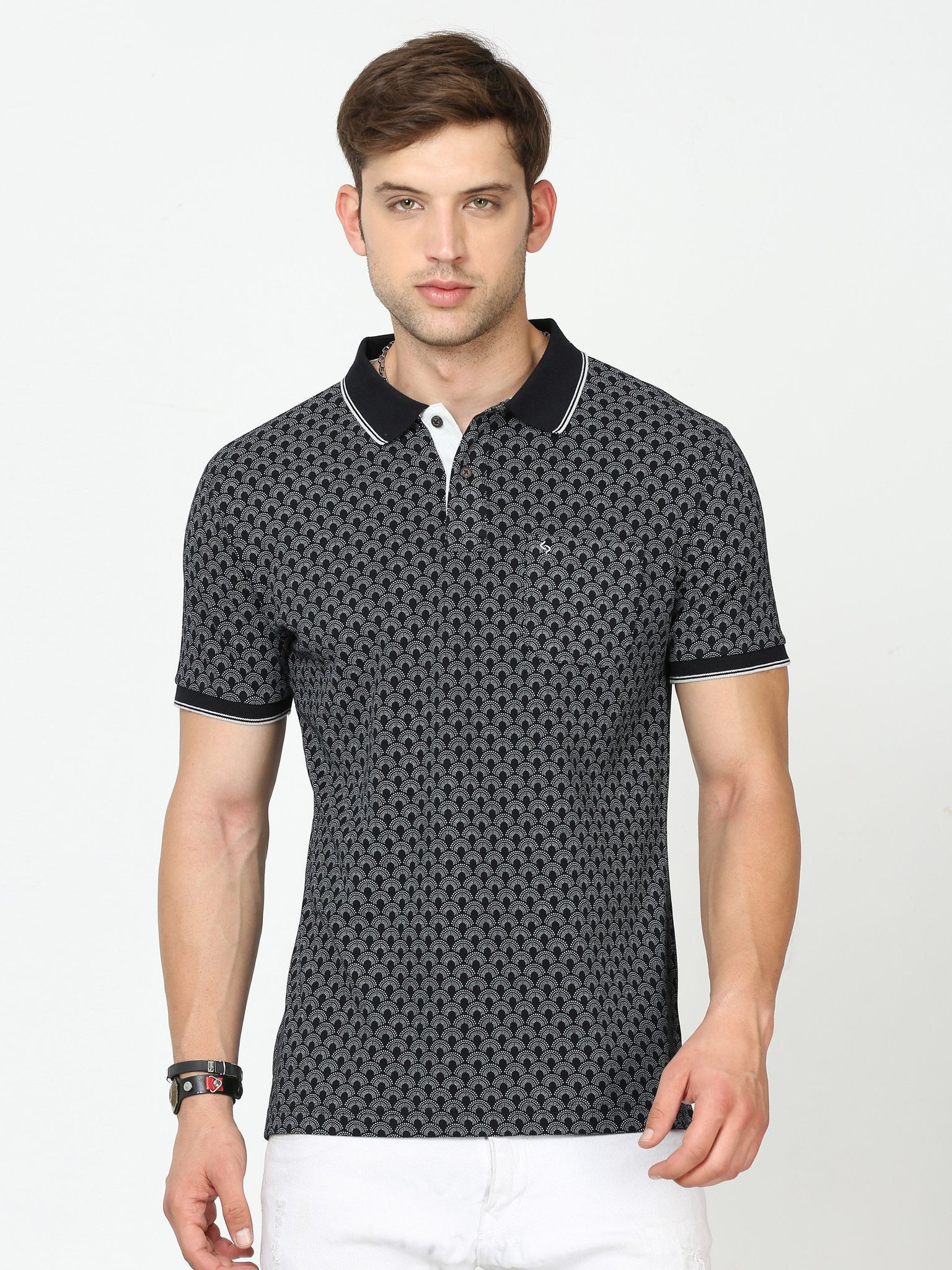 Classic Polo Mens Cotton Half Sleeves Floral Slim Fit Polo Neck Black Color T-Shirt | Beau - 225 B Sf P