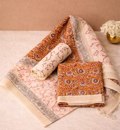 Block Print Kalamkari Maheshwari Unstitched Suit Set – 3 Piece