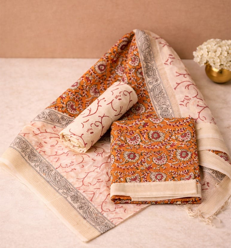 Block Print Kalamkari Maheshwari Unstitched Suit Set – 3 Piece