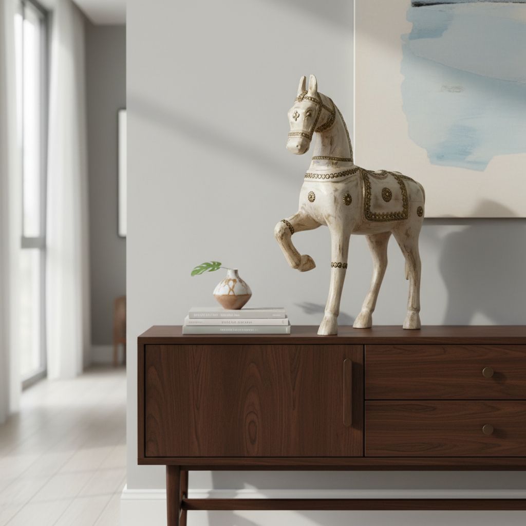 Handicraft Showpiece Horse-Statue, Brass-Embossed Table Decors Horse Figurine,Wooden Distressed White Horse Idol|Home Decor| 48x12x46 cm