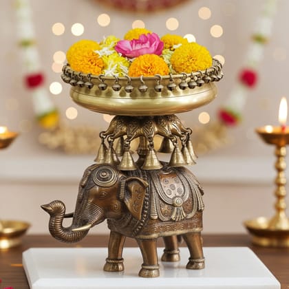 Brass Elephant Urli for Home Decor - Traditional Decorative Bowl, Diameter : 17.5 Inch (BSMAS1488 A)