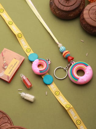 Set Of 2 Boy & Girl Donut  Key Chain Toy Rakhi Set with Roli Chawal