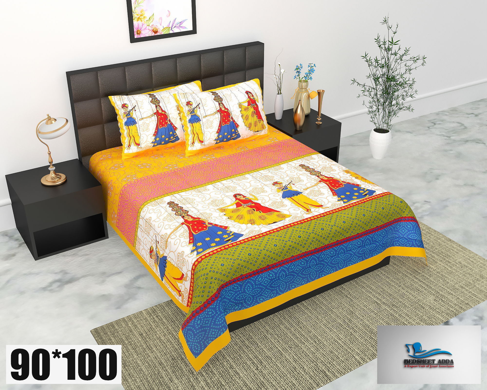 2001-Bedsheet Adda-Pure Cotton Jaipuri Printed Double Bedsheet With 2 Pillow Covers-5 PIC KHATPUTALLI-YELLOW