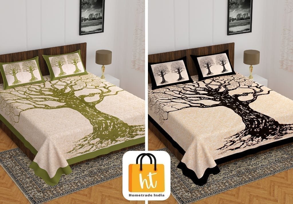 2201-Hometrade India- Standard Double Size (90*100 in )-Combo Jaipuri Double bedsheet With Matching Pillow Cover