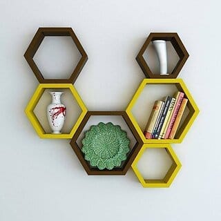 Onlinecraft Ch106 Wooden Hexa ( Yellow, Brown) Wooden Wall Shelf (Number Of Shelves - 6, Brown, Yellow)
