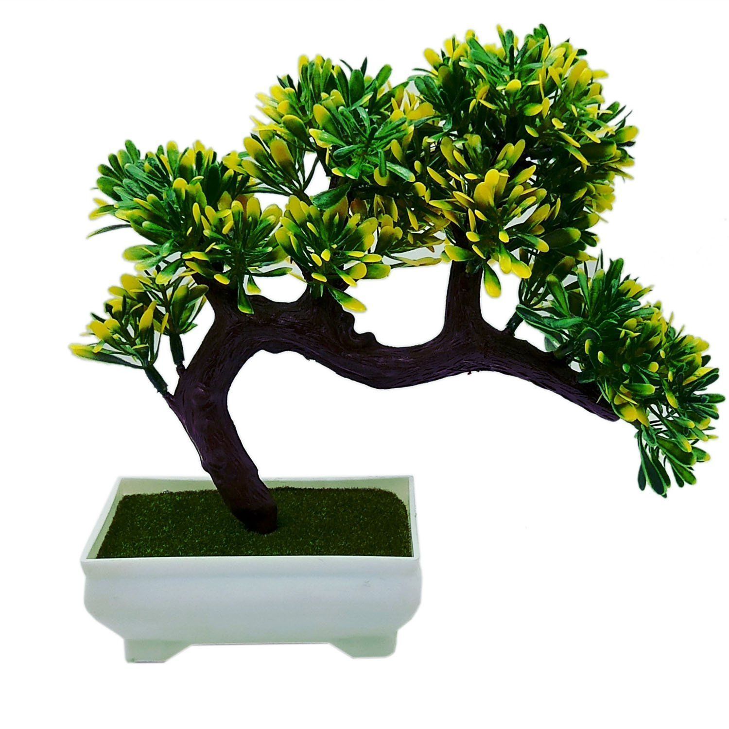 FOLIYAJ Artificial Plant with Pot | Bent Bonsai Tree with Green and Yellow Leaves | Melamine White Pot with Real Looking Green Grass