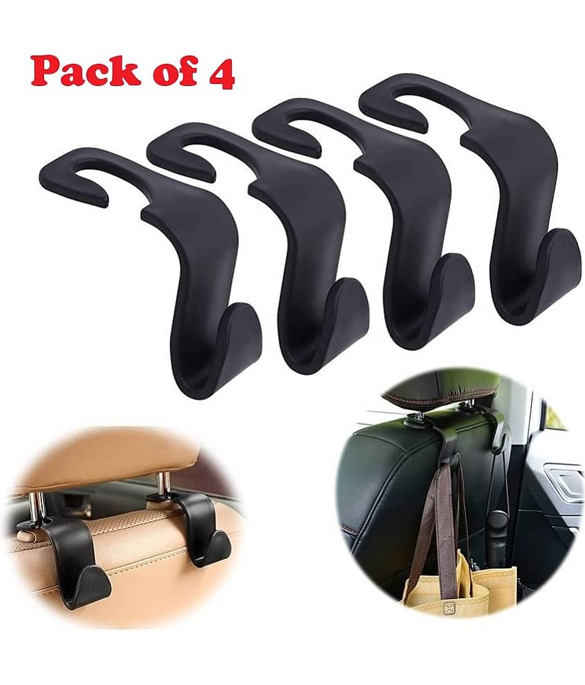 KTU Car Plastic Backseat Headrest Hook/Hanger Universal Durable Organiser Space Saver for Handbag, Wallets, Grocery Bags (Black, Pack of 4)