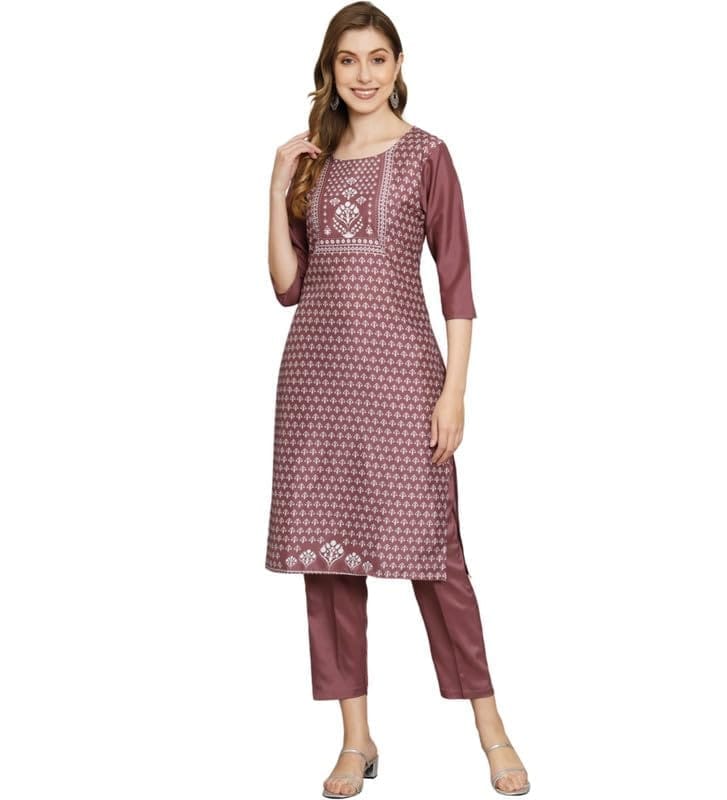 Women's Casual 3/4th Sleeve Printed Crepe Kurti Set (Beige, XL)-PID46138