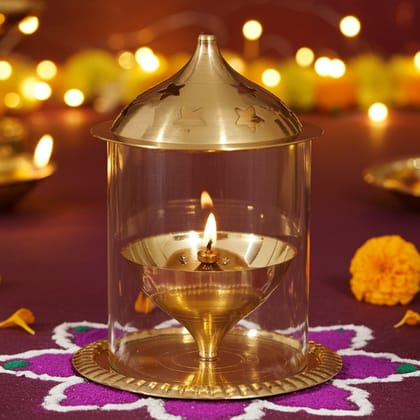 Brass Table Decor Oil Lamp Deepak With Chimney  - Vintage Style Deepak for Mandir, Height : 5.7 Inch (ZMAS014 X)