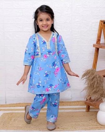 Kabir Kids Fashion Girls Blue Floral Printed Kurti Pant Set Festive Ethnic Wear