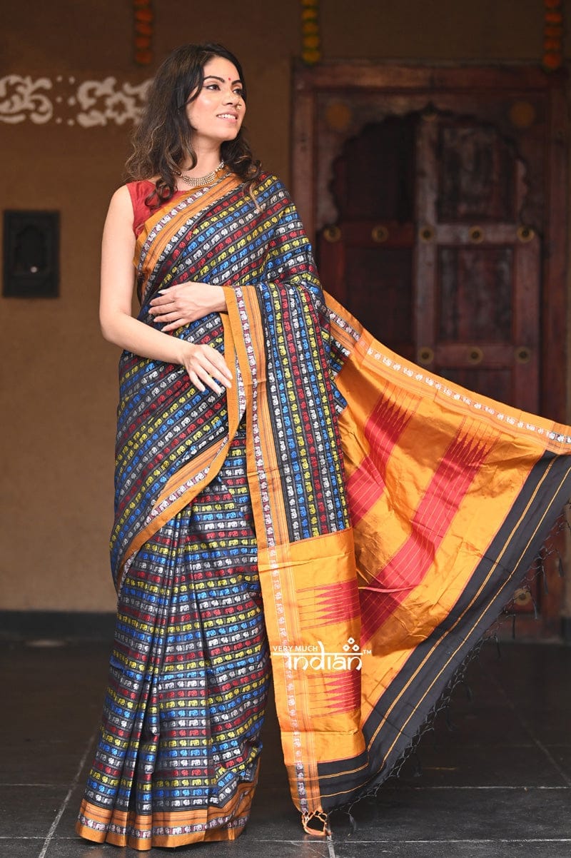 Sutra (Rangeen) ~  Traditional Khun Saree with Ilkal Pallu - Cotton Silk Ilkal, Multicolour with Deep Yellow Border