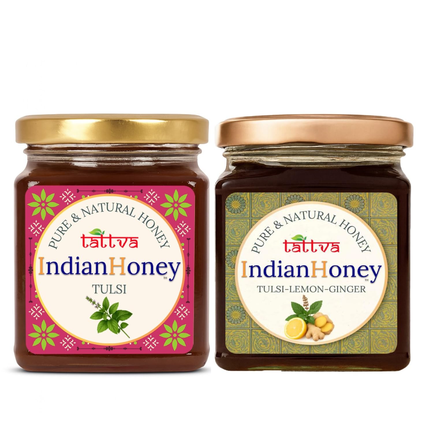 IndianHoney Tulsi & Tulsi Lemon Ginger Infused Honey Combo Pack (230gm & 230gm)