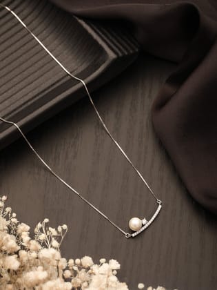 925 Sterling Silver Rhodium Plated Silver Bar Pearl Pendant Necklace & Chain