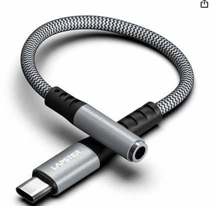Lapster Type C to 3.5 mm Audio Jack Connector with DAC Headphone Converter Supports Mic & Audio, Metal Body, zebra