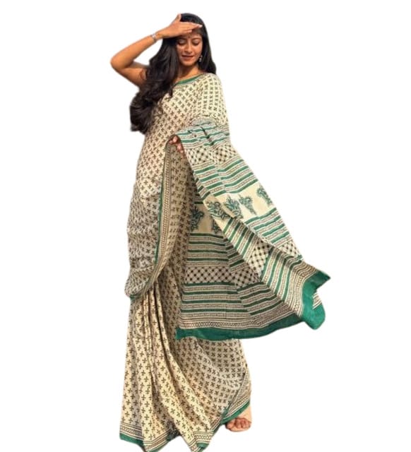 Women's Linen Printed Saree With Unstitched Blouse - 5.5 Mtr (Off White)