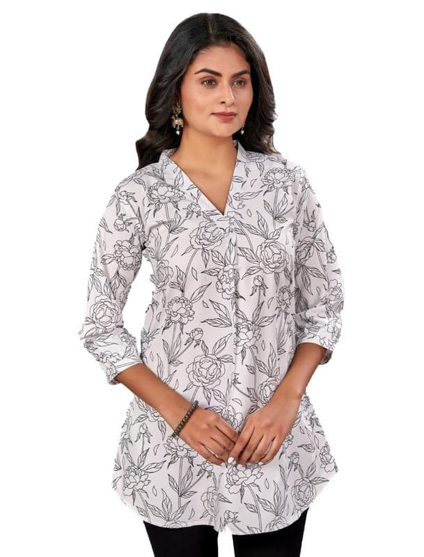 Women's Poly Crepe Chinese Collar 3/4 Sleeves Short Top (Black-White, M)-PID56257
