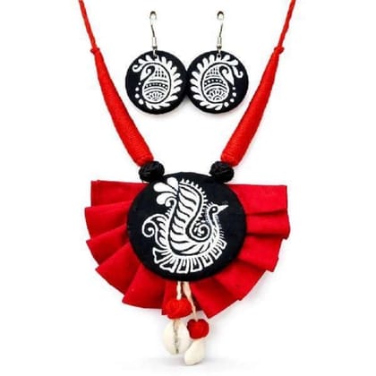 Handmade Fabric Painted Necklace and Earring Set Red Black