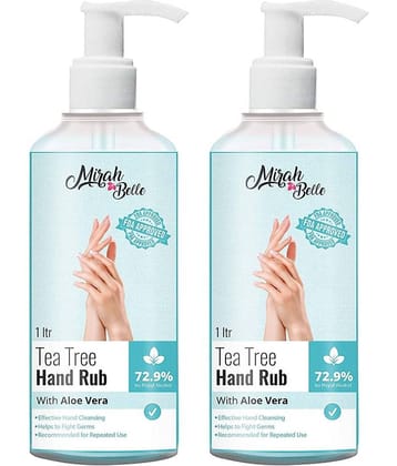 Mirah Belle - Tea Tree & Aloe Vera Hand Rub (1000 ml), (72.9% Alcohol) Hand Sanitizer 1000 mL Pack of 2
