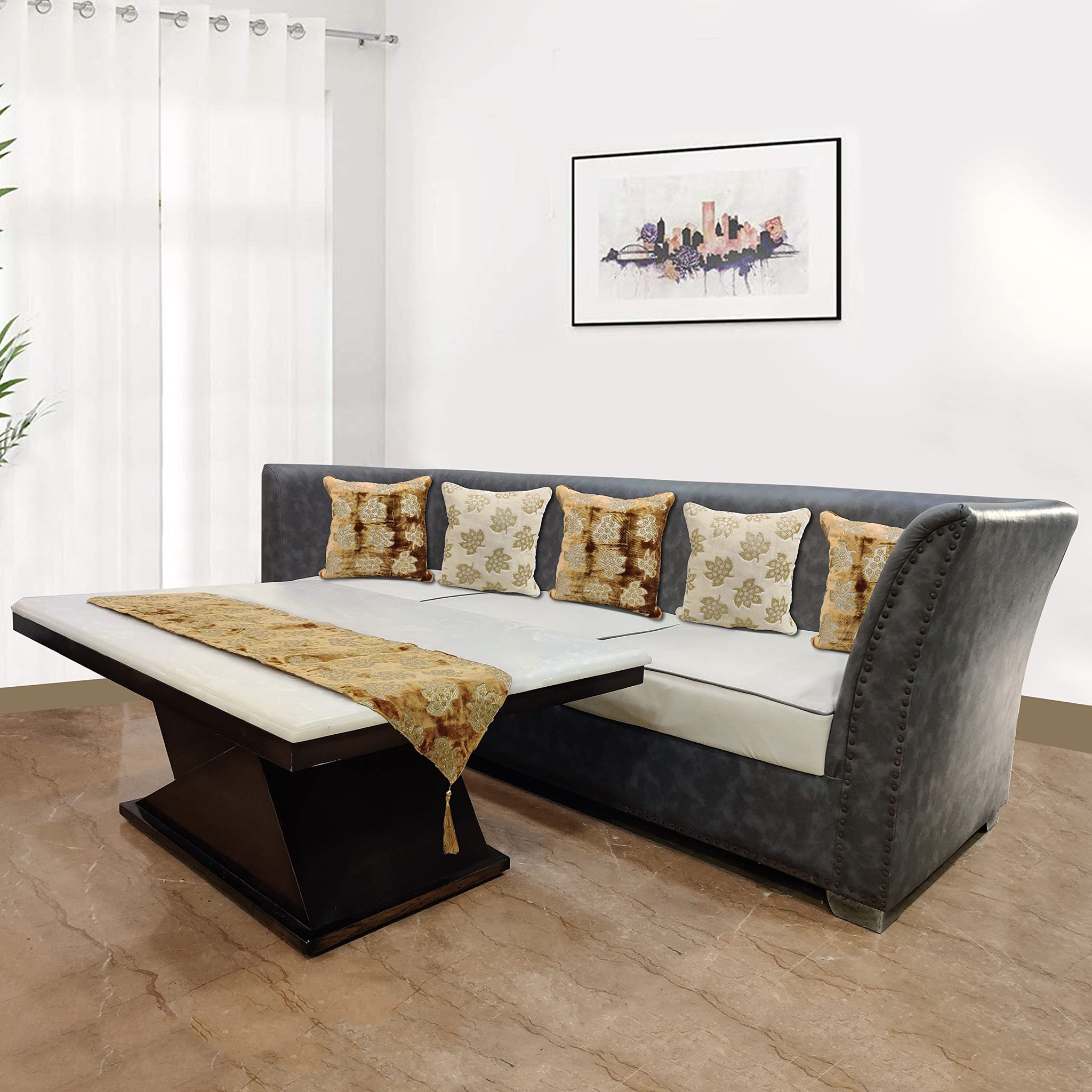 Velvet Table Runner (12inch x 59 inch) with Set of 5 Sofa Cushion Covers (16inch x16 inch), Decorative Table Runners for Home Dining, Tea, Console Tables, Dresser Scarves, Daily Use, Machine Washable