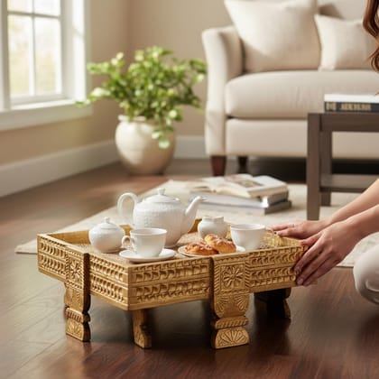 PREET GALLERY Wooden Carved Indian Chakki Side Table, Coffee Table | Art Sofa Side Table for Home Decor Furniture, Vintage Square Serving Tray for Home, Temple & D�cor