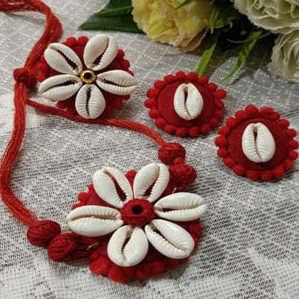 Red Kori Flower Choker With Earrings And Finger Ring Combo