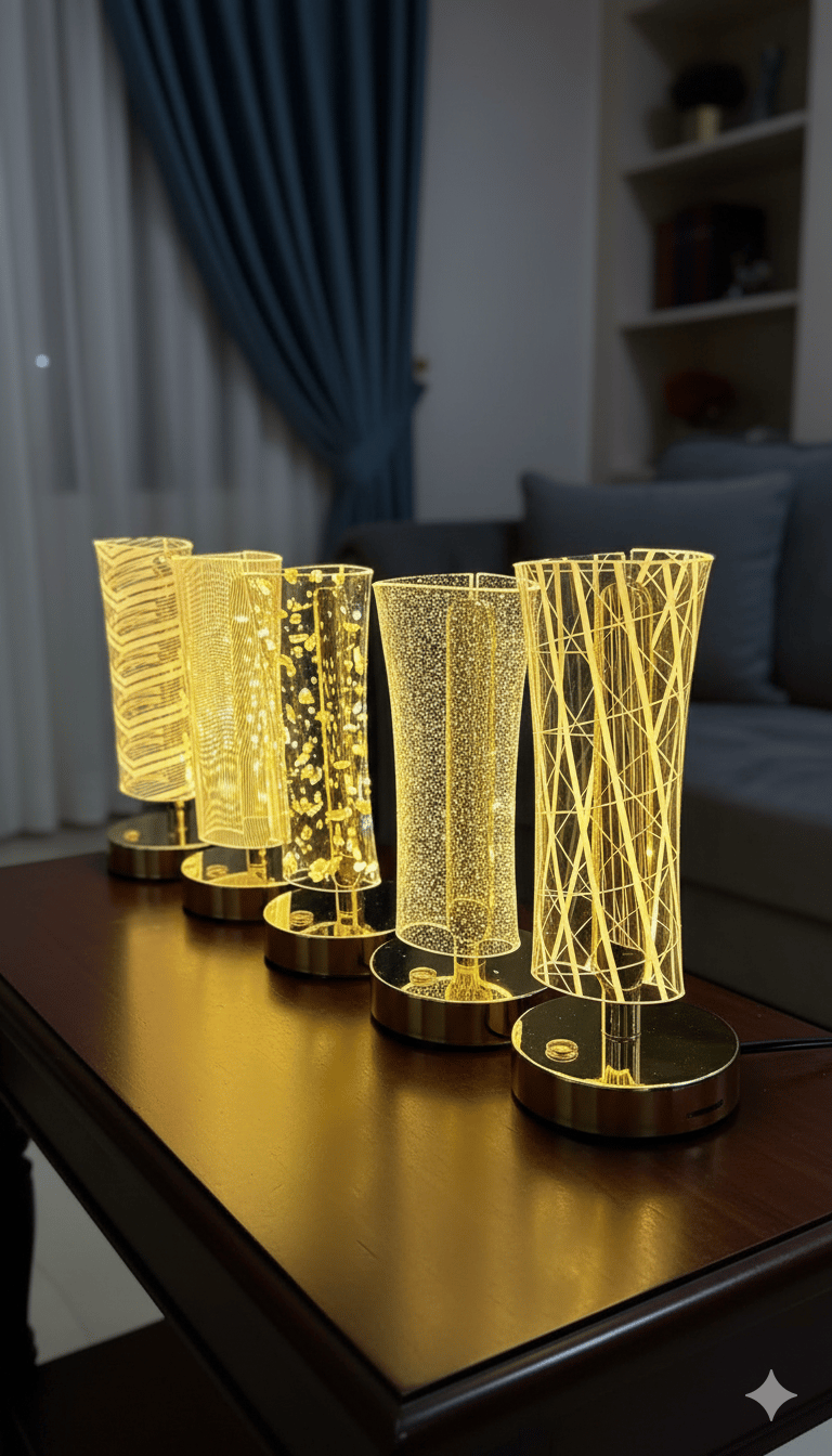3D Acrylic LED Table Lamp with Gold Base, Decorative Metal Iron Cordless Table Lamp, Touch Control Night Light for Bedroom, Living Room, Home Decor (Random Design)