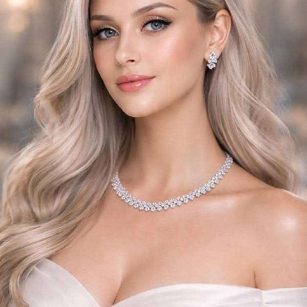 Elegant Silver Crystal Necklace  Earrings Set