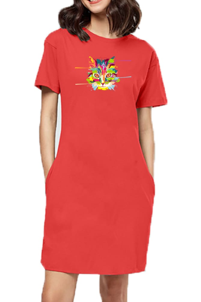 T-shirt Dress With Pockets - Laser Sharp Cat (6 Colours) (Slim Fit)