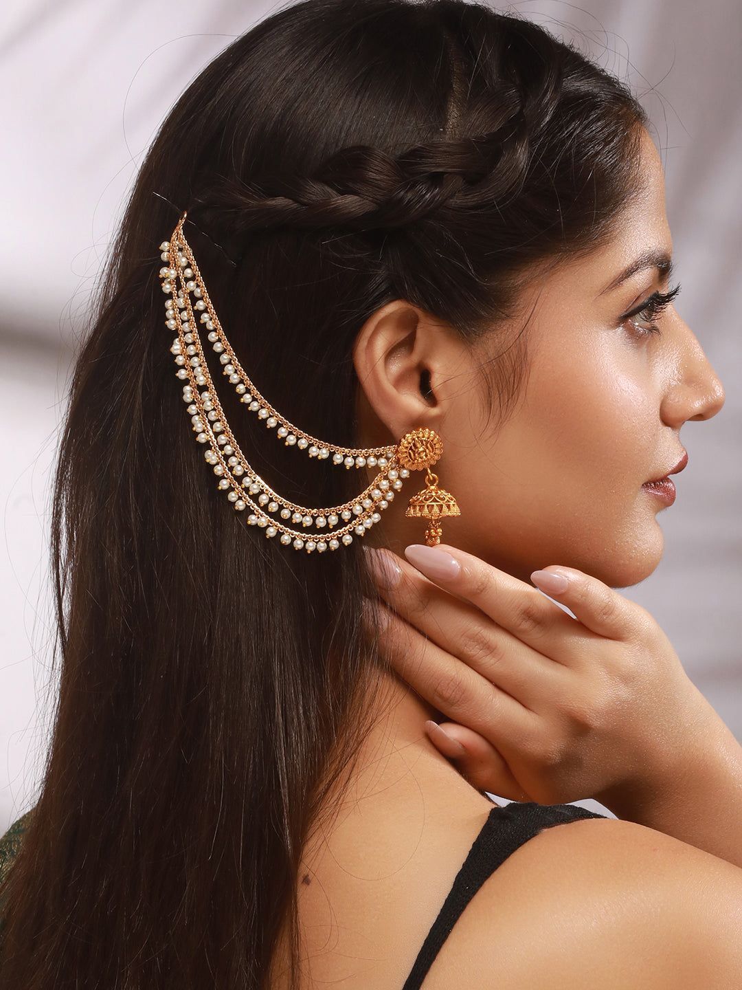Gold Plated Temple Pearl Beaded Multilayered Matil Earchain