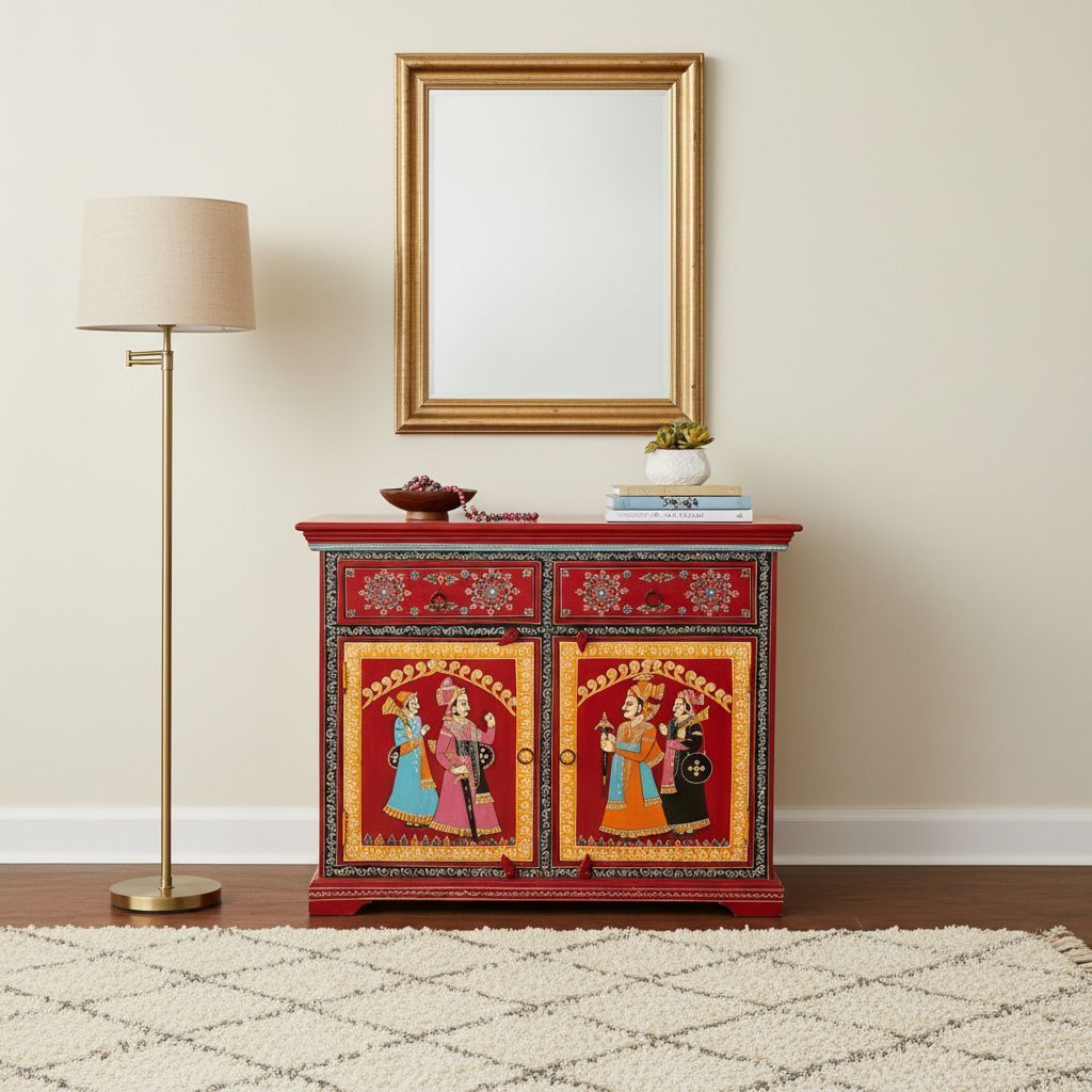Hand-Painted Red Wooden Storage Cabinet