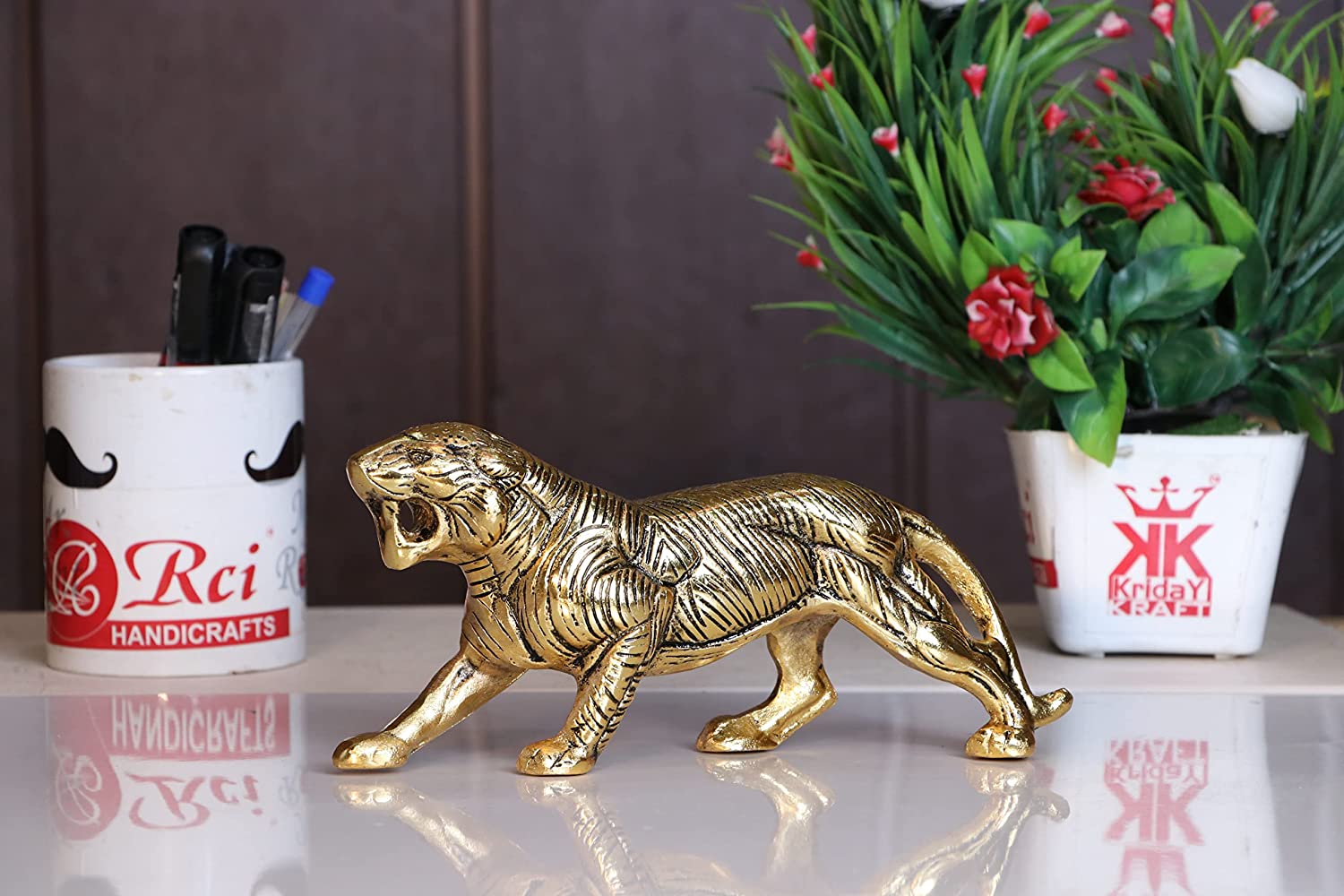 DreamKraft Golden Metal Antique Tiger /Jaguar / Panther / Sher Figurine