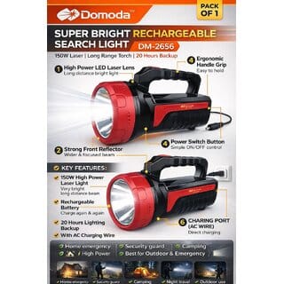 Domoda DM-2656 Super Bright Rechargeable Search Light  150W Laser LED Long Range Torch with 20 Hours Battery Backup and Ergonomic Handle