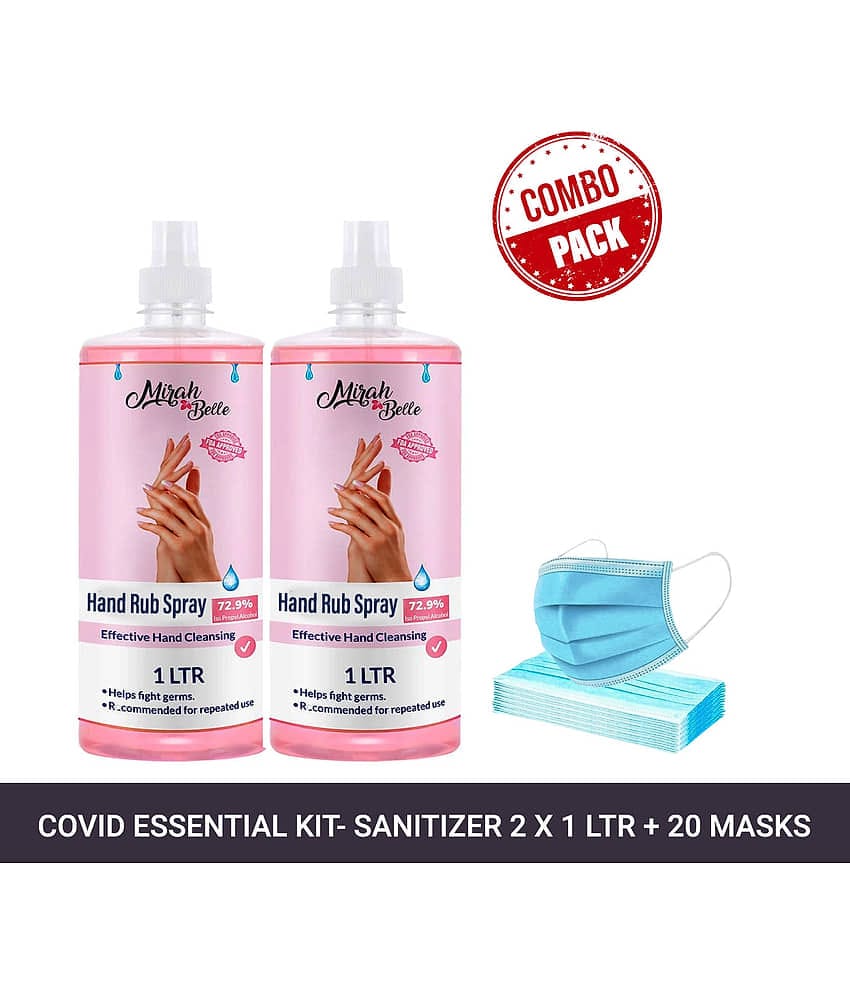 Mirah Belle Hand Rub Sanitizer Spray 1ltr Pack of 2 & 20 Face masks Sanitizers 2000 mL Pack of 3